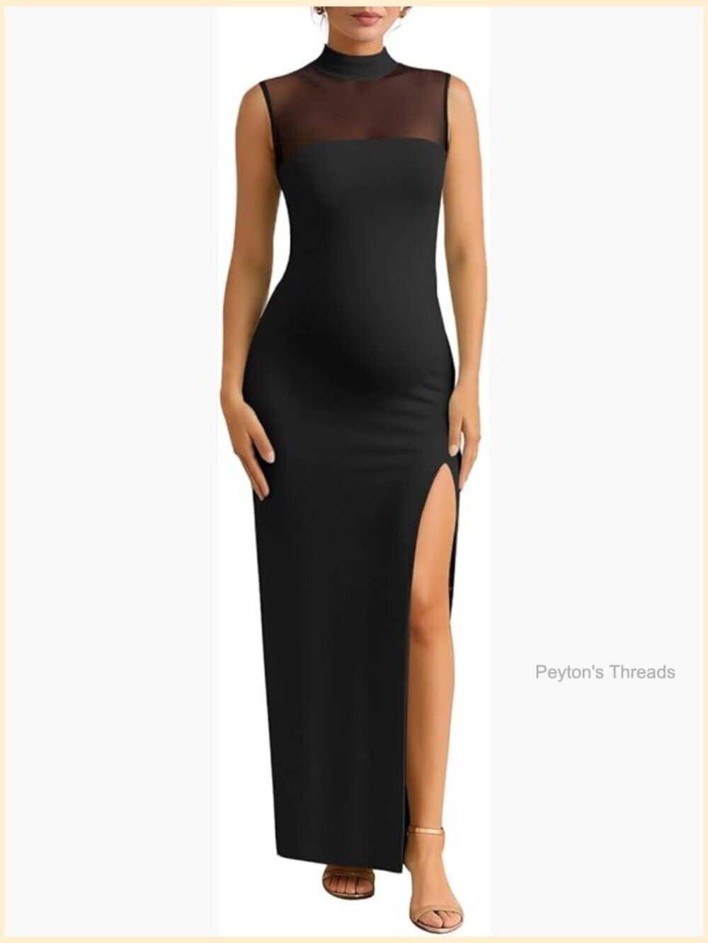 Mock Neck Sleeveless Bodycon Maxi Dress with Mesh Overlay